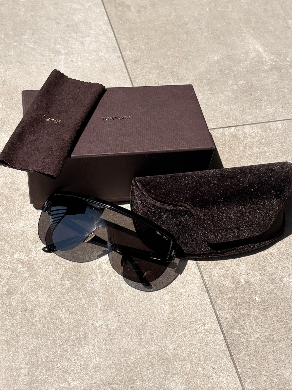Tom Ford Black Gradient Shield Sunglasses with Brown Case